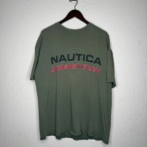 Nautica Vintage 90s Spellout T-Shirt Sage Green Embroidered Logo Mens XL XLG